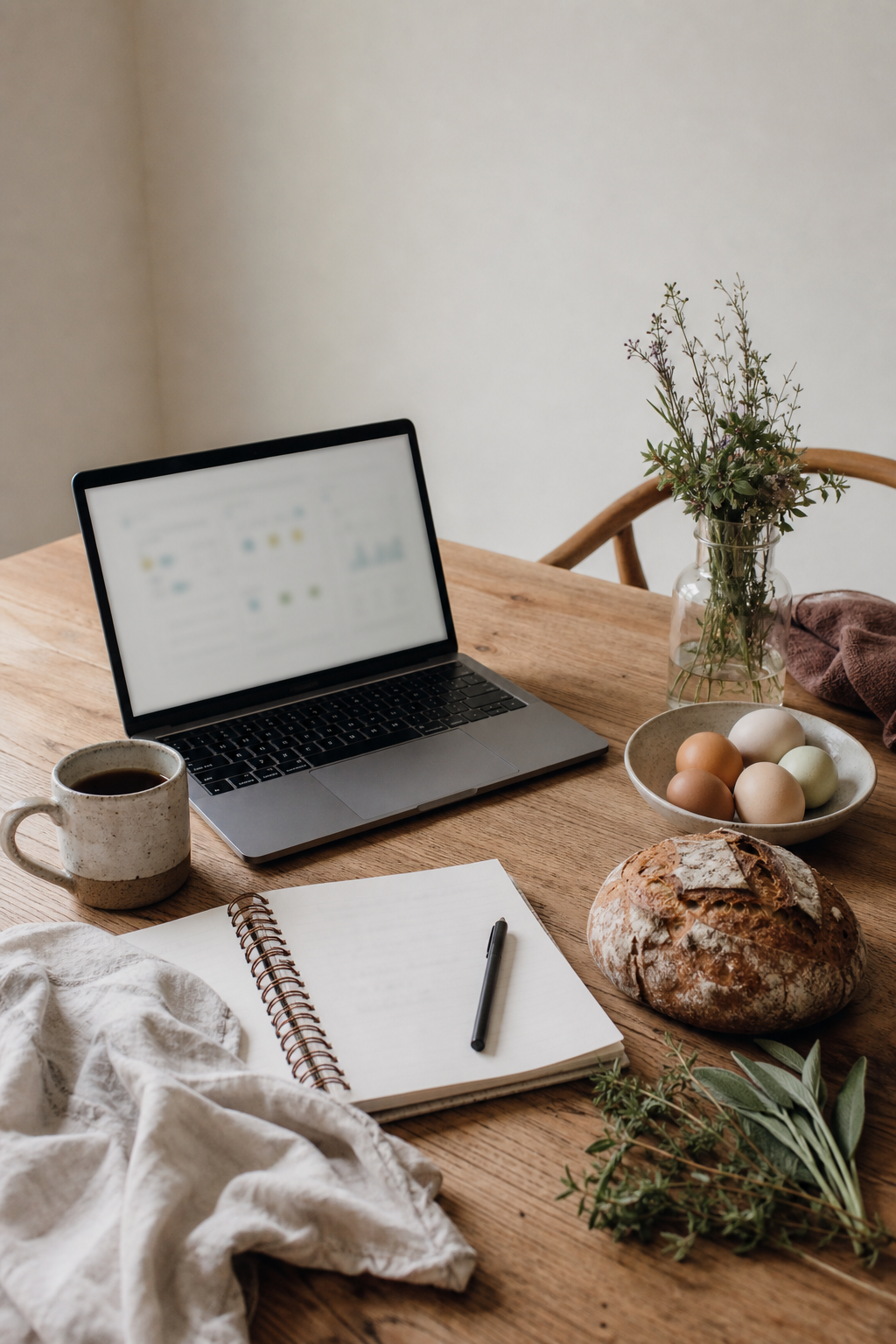 Warm timber table with laptop, notebook, coffee, sourdough, eggs and fresh herbs
